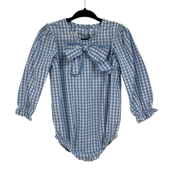 The Beaufort Bonnet Company Blue White Gingham Beatrice Bow One Piece 12-18M